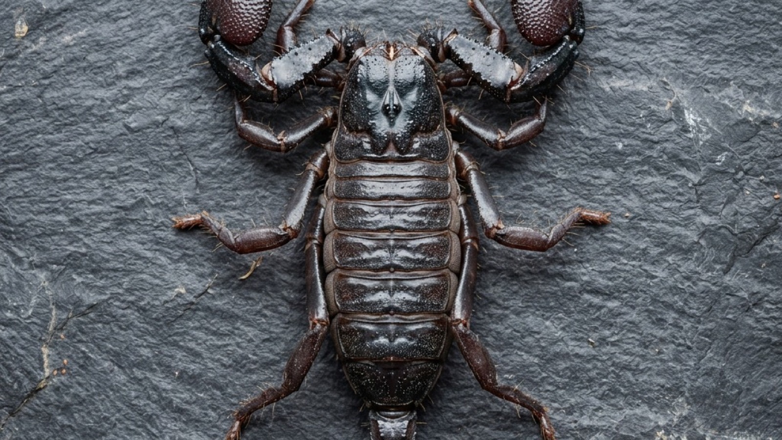 Kaiserskorpion (Pandinus imperator) in Nahaufnahme mit Schere und Schwanzstachel